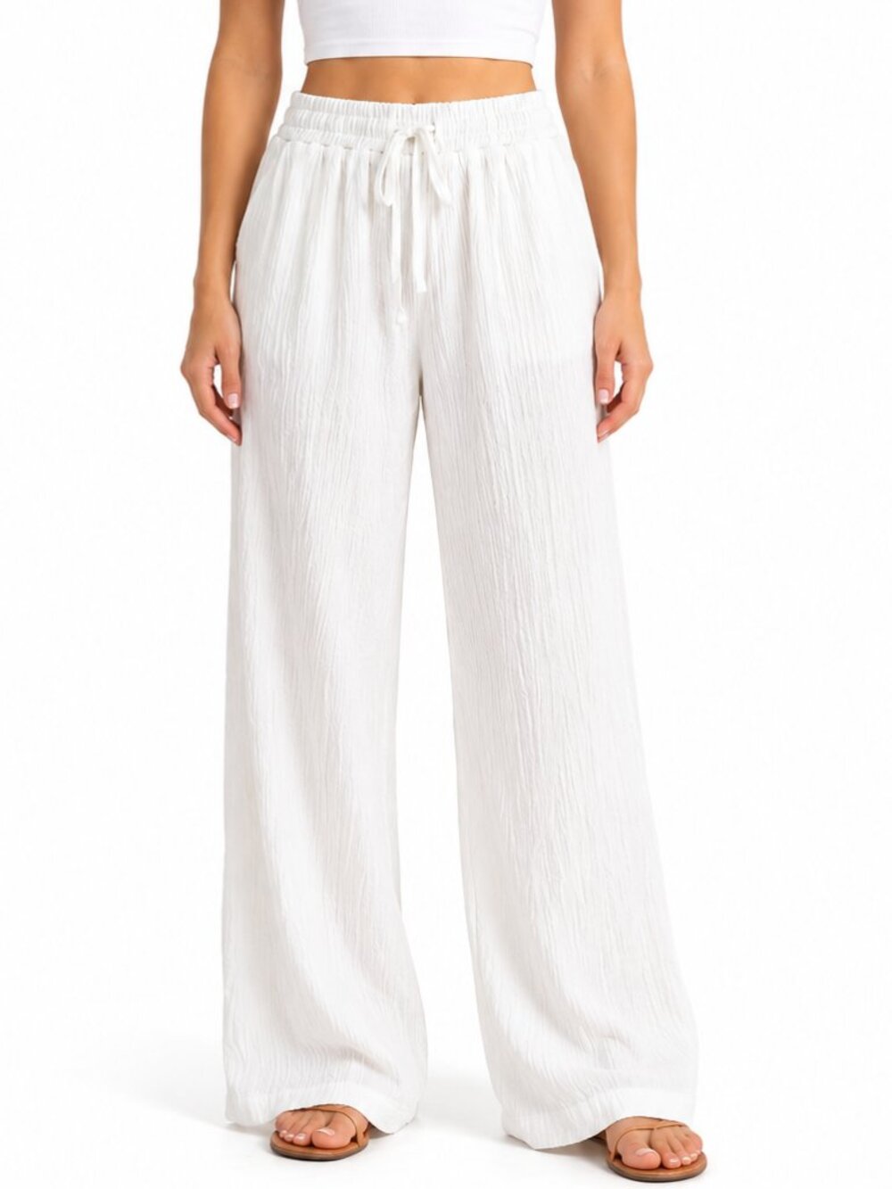 White Crinkle Wide Leg Pants Elastic Waist Drawstring Lightweight